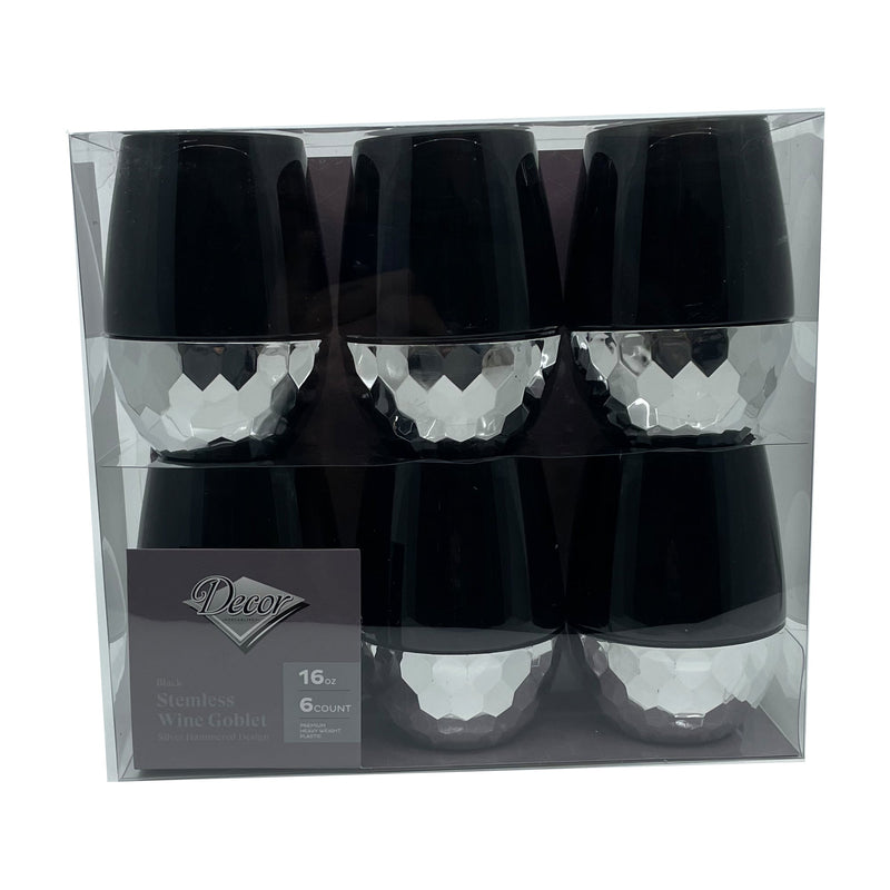 Load image into Gallery viewer, Stemless Plastic Hammered Wine Goblet 16oz Black / Silver Bottom Wine Goblets Decorline
