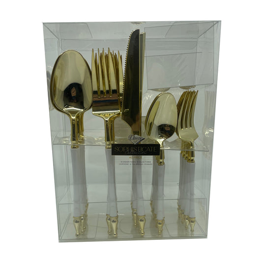 Sophisticated Cutlery 40 pcs White / Gold Top Plastic Tableware Tablesettings Sophisticate