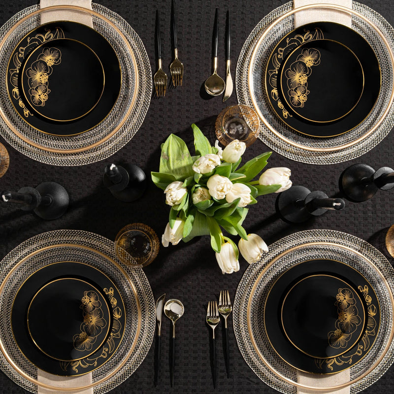 Load image into Gallery viewer, Orchid Black and Gold Round Plastic Dinner Plates 10&quot; Tablesettings Decorline
