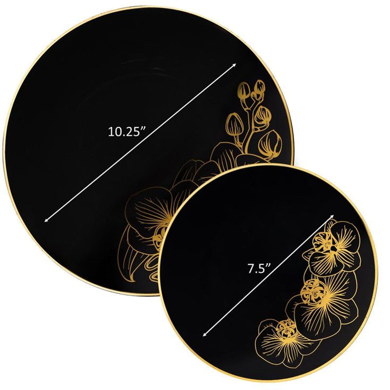 Load image into Gallery viewer, Orchid Black and Gold Round Plastic Dinner Plates 10&quot; Tablesettings Decorline
