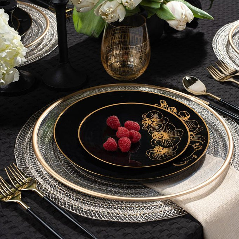 Load image into Gallery viewer, Orchid Black and Gold Round Plastic Dinner Plates 7.5&quot; Tablesettings Decorline
