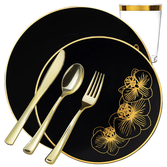 Orchid Collection Dinner Plate Black & Gold Tableware Package Set Disposable Plates Decorline