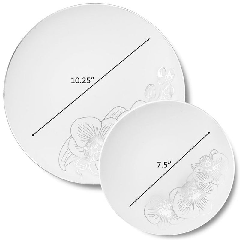 Load image into Gallery viewer, Orchid White and Silver Round Plastic Dinner Plates 7.5&quot; Tablesettings Decorline
