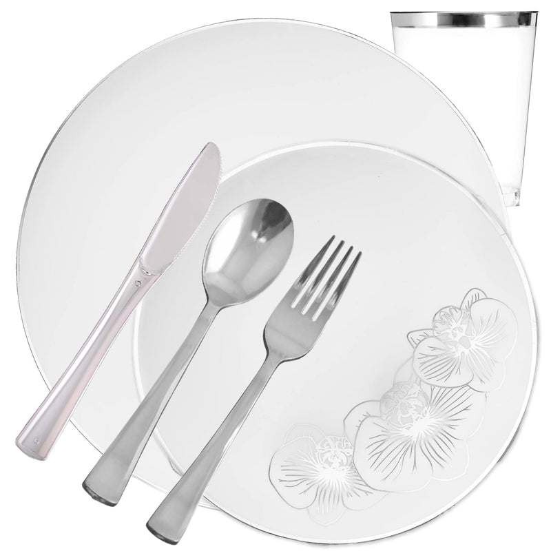 Load image into Gallery viewer, Orchid Collection Dinner Plate White &amp; Silver Tableware Package Disposable Plates Decorline
