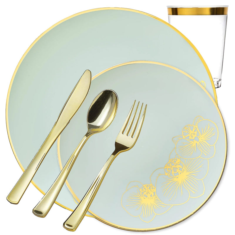 Load image into Gallery viewer, Orchid Collection Dinner Plate Antique Turquoise and Gold Tableware Package Disposable Plates Decorline
