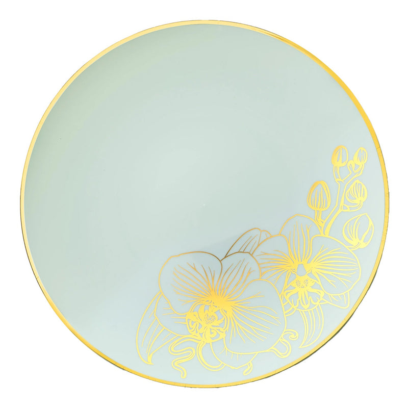 Load image into Gallery viewer, Orchid Antique Turquoise and Gold Round Plastic Dinner Plates 10&quot; Tablesettings Decorline
