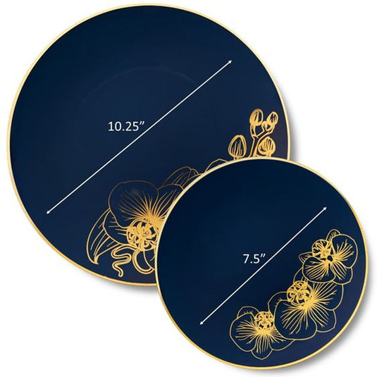 Orchid Royal Blue and Gold Round Plastic Dinner Plates 7.5" Tablesettings Decorline