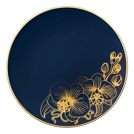 Orchid Royal Blue and Gold Round Plastic Dinner Plates 10" Tablesettings Decorline