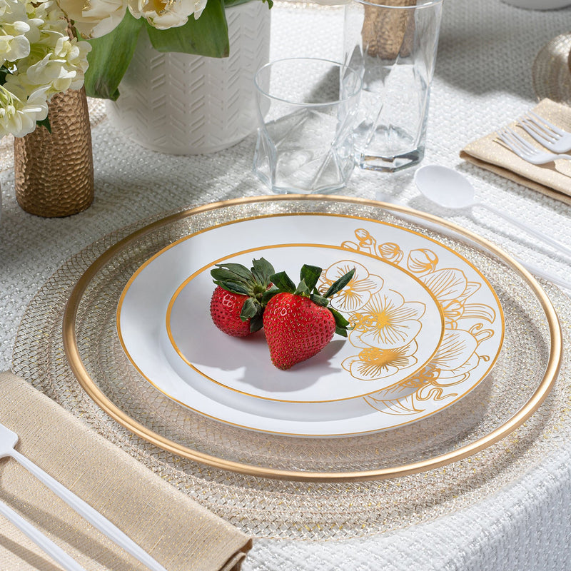 Load image into Gallery viewer, Orchid White and Gold Round Plastic Dinner Plates 7.5&quot; Tablesettings Decorline
