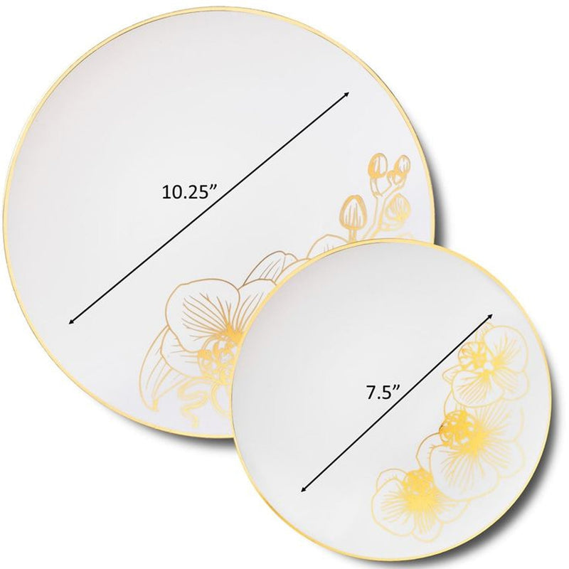 Load image into Gallery viewer, Orchid White and Gold Round Plastic Dinner Plates 10&quot; Tablesettings Decorline
