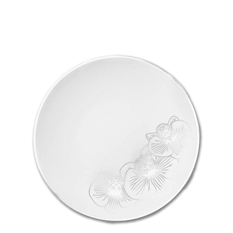 Load image into Gallery viewer, Orchid White and Silver Round Plastic Dinner Plates 7.5&quot; Tablesettings Decorline
