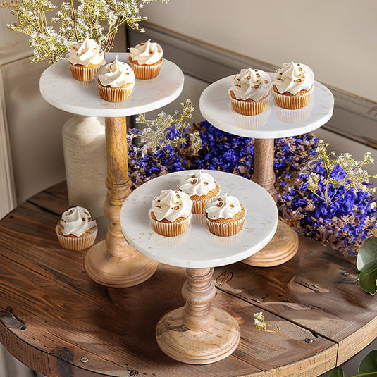 Wooden Dessert Stands With White Marble Tops, Set of Three Whats trending KAL