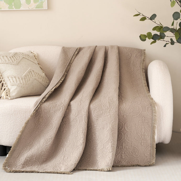 Elegant Fringed Cotton Quilted Throw Blanket - Luxurious Solid Soft Paisley Pattern, Cozy Lightweight Lap Throw, Perfect for Couch or Bed, Neutral Sandy Taupe Tan Beige, 50x60 Inches Collective DaDalogy Bedding Collection