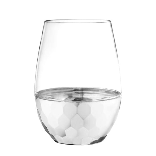 Stemless Hammered Wine Goblet 16oz Clear / Silver Bottom Wine Goblets Decorline