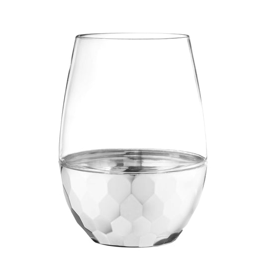 Stemless Hammered Wine Goblet 16oz Clear / Silver Bottom Wine Goblets Decorline