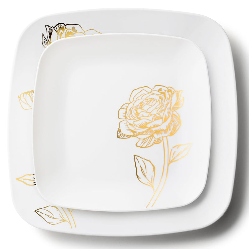 Load image into Gallery viewer, COMBO SET 10.25&quot; &amp; 7.25&quot; White and Gold Square Plastic Dinnerware Set - Peony Decorline
