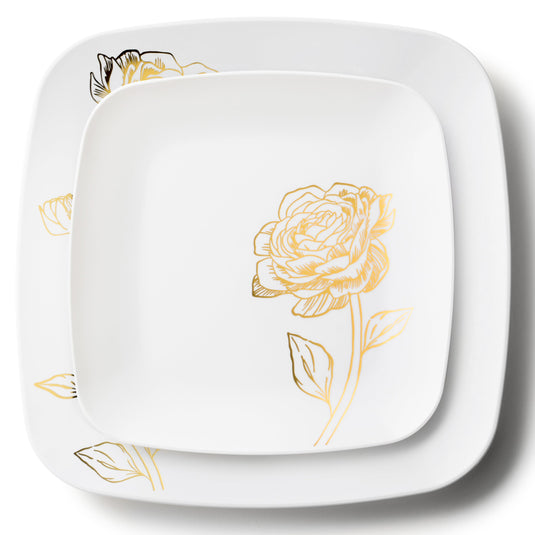 COMBO SET 10.25" & 7.25" White and Gold Square Plastic Dinnerware Set - Peony Decorline