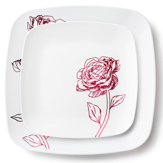 COMBO SET 10.25" & 7.25" White and Burgundy Square Plastic Dinnerware Set - Peony Decorline