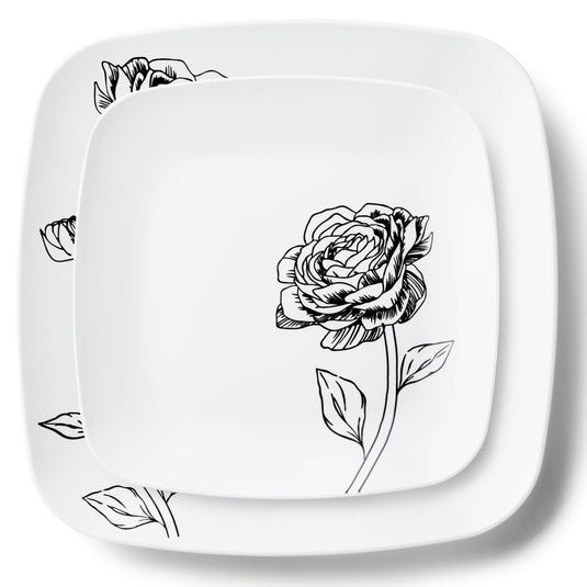 COMBO SET 10.25" & 7.25" White and Black Square Plastic Dinnerware Set - Peony Decorline