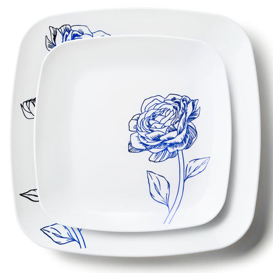 COMBO SET 10.25" & 7.25" White and Blue Square Plastic Dinnerware Set - Peony Decorline