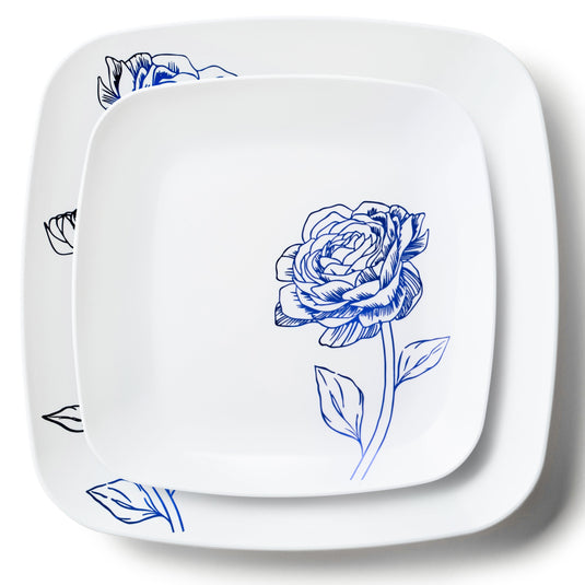 COMBO SET 10.25" & 7.25" White and Blue Square Plastic Dinnerware Set - Peony Decorline