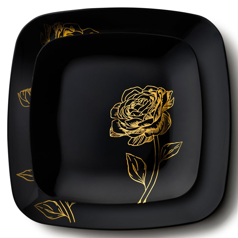 Load image into Gallery viewer, COMBO SET 10.25&quot; &amp; 7.25&quot; Black and Gold Square Plastic Dinnerware Set - Peony Decorline
