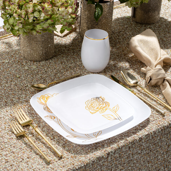 Load image into Gallery viewer, COMBO SET 10.25&quot; &amp; 7.25&quot; White and Gold Square Plastic Dinnerware Set - Peony Decorline
