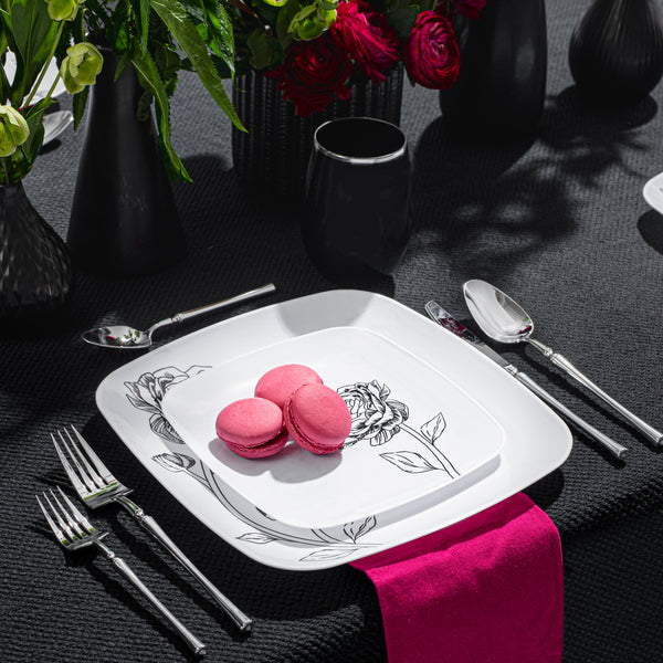 Load image into Gallery viewer, COMBO SET 10.25&quot; &amp; 7.25&quot; White and Black Square Plastic Dinnerware Set - Peony Decorline
