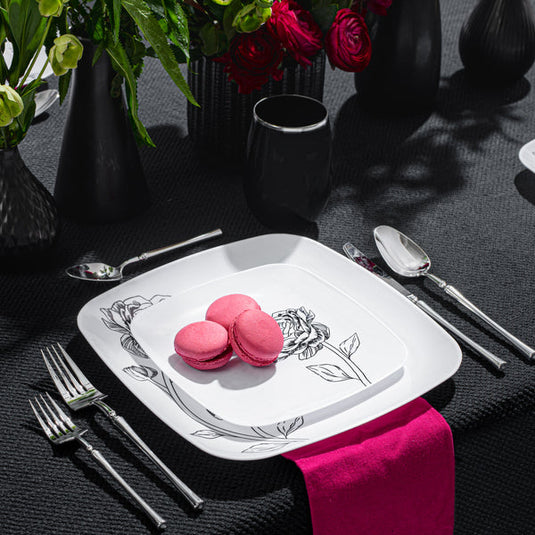 COMBO SET 10.25" & 7.25" White and Black Square Plastic Dinnerware Set - Peony Decorline