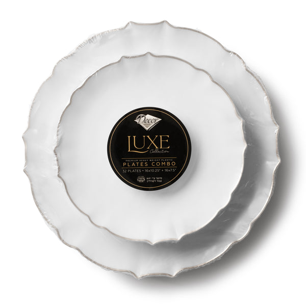 Load image into Gallery viewer, COMBO SET 10.25&quot; &amp; 7&quot; White and Silver Round Plastic Dinnerware Set - Luxe Decorline
