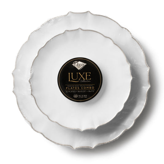 COMBO SET 10.25" & 7" White and Silver Round Plastic Dinnerware Set - Luxe Decorline