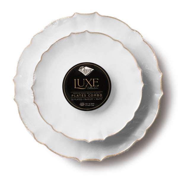 Load image into Gallery viewer, COMBO SET 10.25&quot; &amp; 7&quot; White and Gold Round Plastic Dinnerware Set - Luxe Decorline
