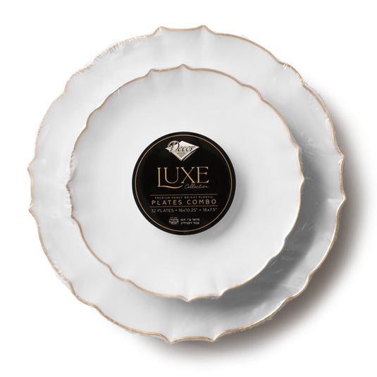 COMBO SET 10.25" & 7" White and Gold Round Plastic Dinnerware Set - Luxe Decorline