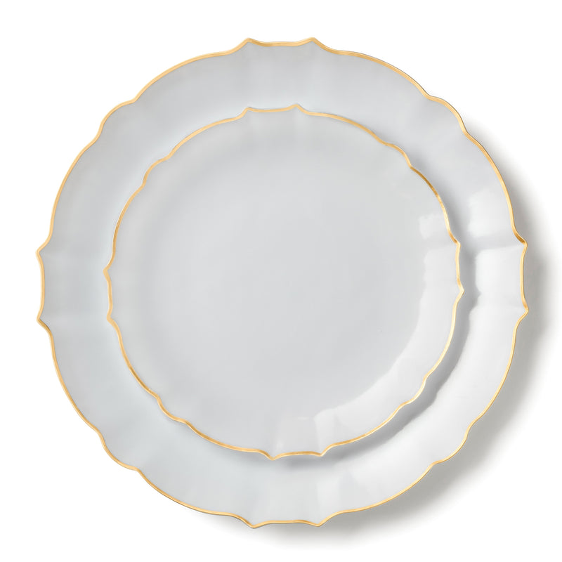 Load image into Gallery viewer, COMBO SET 10.25&quot; &amp; 7&quot; White and Gold Round Plastic Dinnerware Set - Luxe Decorline
