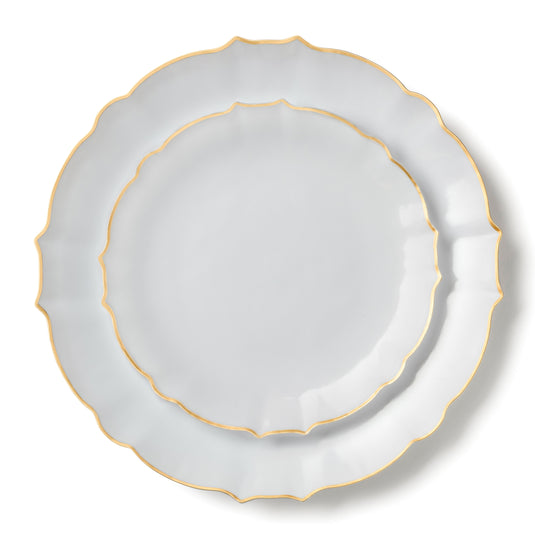 COMBO SET 10.25" & 7" White and Gold Round Plastic Dinnerware Set - Luxe Decorline