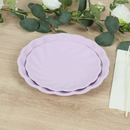 20 Pack Biodegradable Salad Plates in Lavender Lilac  7" Swirl Scalloped Pastel Color Compostable Bamboo Dessert Plates, Elegant Disposable Tableware Disposables HIER_4130