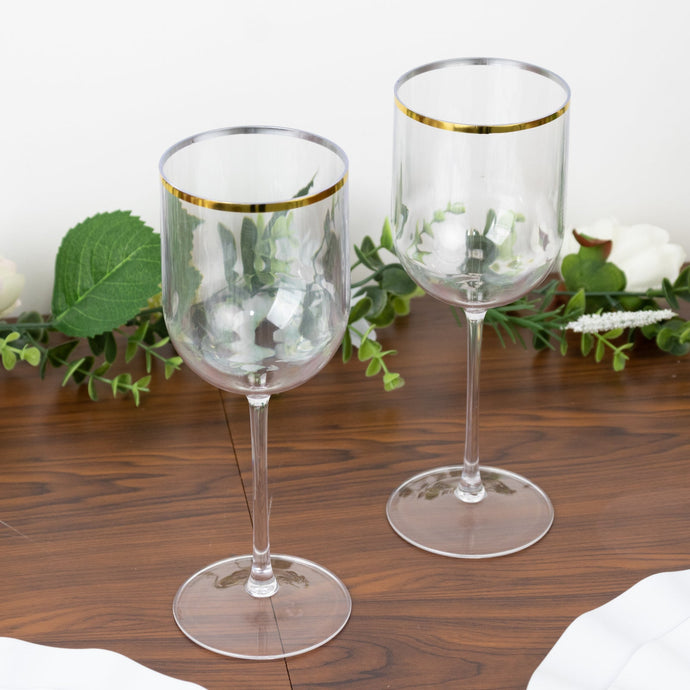 12-Pack 12oz Clear Plastic Wine Goblets with Gold Rim, Premium Disposable Long Stem Glassware - 9