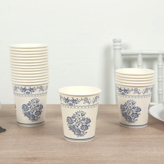 24 Pack Disposable Paper Cups in White Royal Blue Damask Floral Pattern, Elegant Party Cups - 9oz Disposables HIER_4300