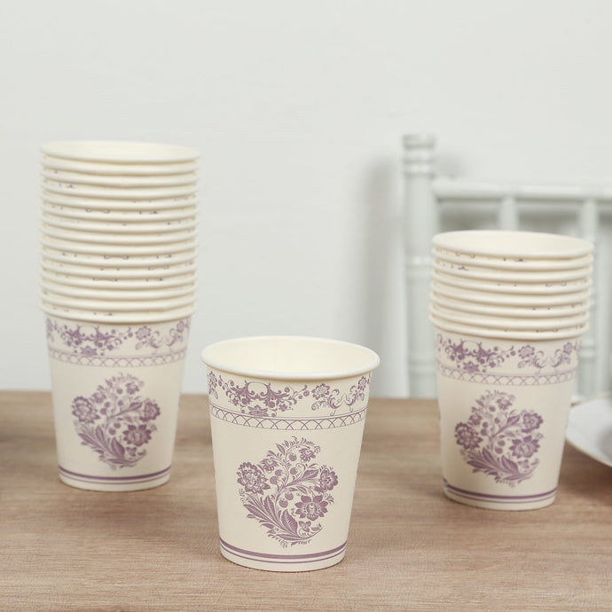 24 Pack Disposable Paper Cups in White Lavender Damask Floral Pattern, Elegant Party Cups - 9oz Disposables HIER_4300