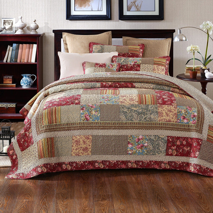 Fairy Tale Tea Party Beige Burgundy Paisley Floral Cotton Patchwork Quilt Set Collective Tache Home Fashion