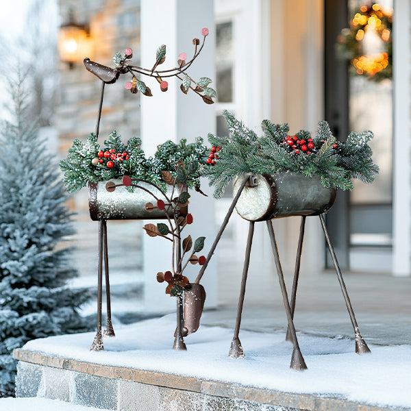 Indoor/Outdoor Painted Metal Reindeer Planters, Set of Two Sale ABH