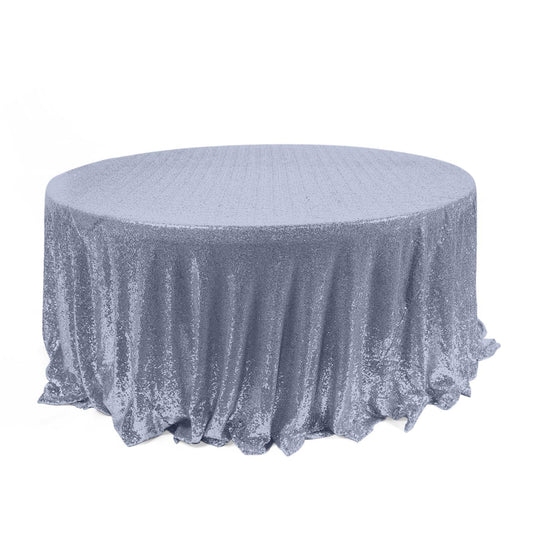 120" Dusty Blue Seamless Sequin Round Tablecloth for 5 Foot Table With Floor-Length Drop Tablecloths HIER_2121