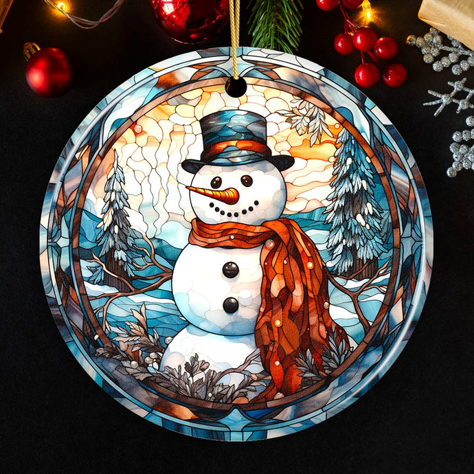 Elegant Snowman Stained Glass Themed Ceramic Christmas Ornament Gift OrnamentallyYou