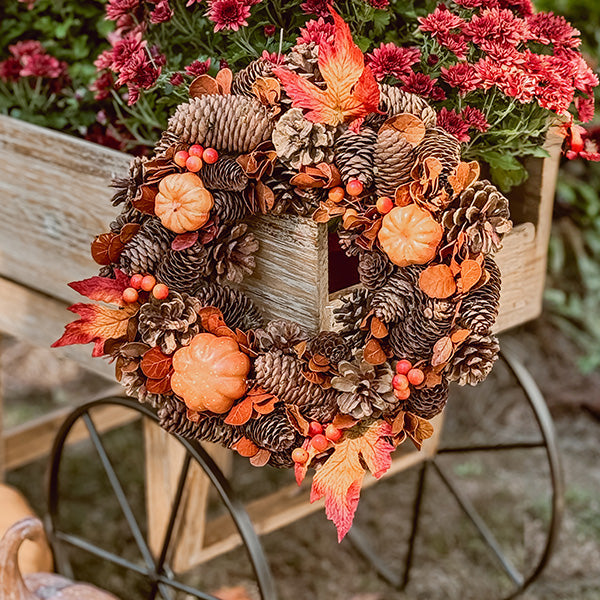 13 Inch Foliage and Pinecone Fall Wreath Sale ABH