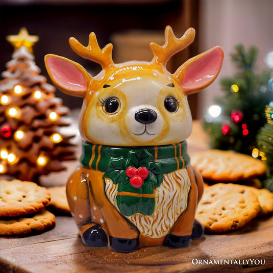 Festive Reindeer 10" Cookie Jar, Christmas Kitchen Festive Deer Decoration Gift OrnamentallyYou