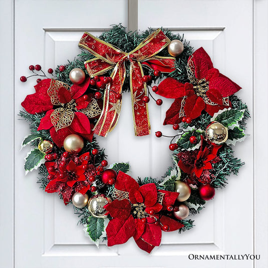 Refined Red and Gold 20" Christmas Wreath, Poinsettias, Ribbons and Ornament Baubles Gift OrnamentallyYou