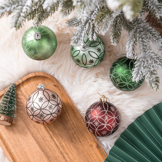 Enchanting Subtle Nature Ornament Bundle, Set of 6 Pine Green, Light Green, Mint Green, Pink and Matte Red Baubles Gift OrnamentallyYou