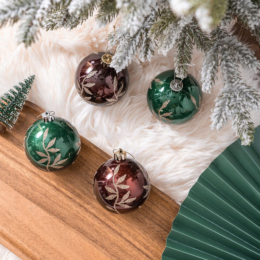 Majestic Gold Glittered Floral Bauble Christmas Ornament Set, 6 Pieces of Maroon and Green Round Tree Balls Gift OrnamentallyYou