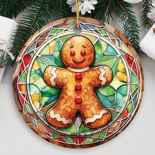 Handmade Gingerbread Man Stained Glass Style Ceramic Ornament, Christmas Gift and Decor Gift OrnamentallyYou