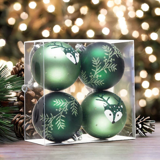 Unique Spruce Leaf and Woodland Deer Patterned Christmas Bauble Ball Set of Four, Glittered Light and Dark Green Ornaments Gift OrnamentallyYou